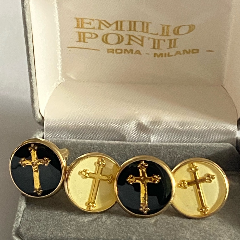 Emilio Ponti Roma Milano Gold and Black Budded Cross 2 Set of Cufflinks In Box